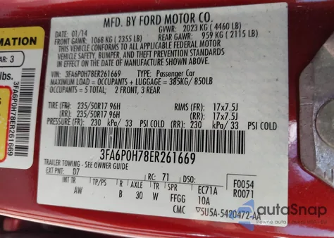 2014 Ford Fusion Se z USA, uszkodzony, nr VIN 3FA6P0H78ER261669